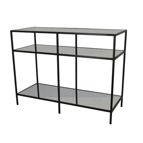 Benzara Gwen Plant Stand With 3 Mirrored Shelves Black Metal Frame 40 Inch -BM330151