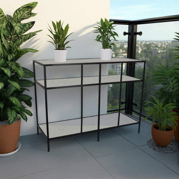 benzara Gwen Plant Stand with 3 Mirrored Shelves Black Metal Frame 40 Inch -BM330151