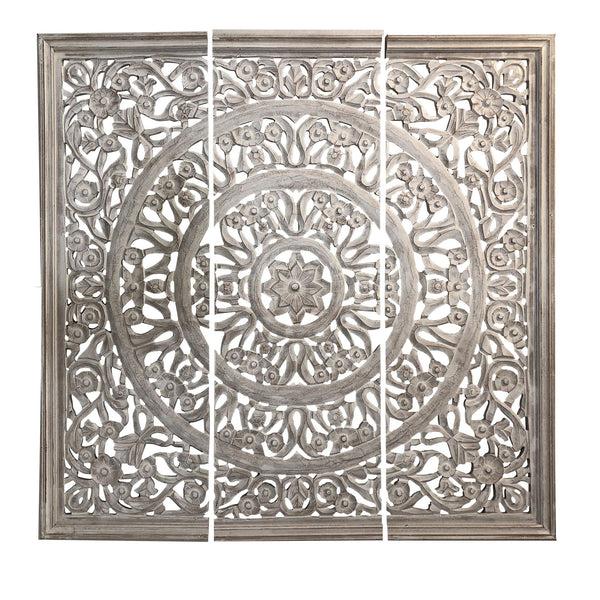 Benzara Hand Carved Panels Wooden Wall Art With Cutouts Set Of 3 Distressed White - UPT-225287