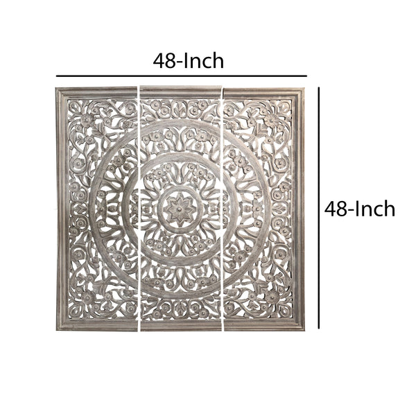 Benzara Hand Carved Panels Wooden Wall Art With Cutouts Set Of 3 Distressed White - UPT-225287