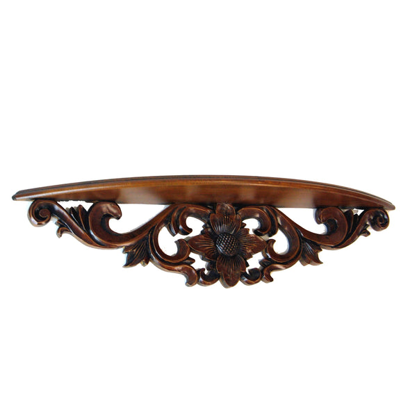 benzara Hand Carved Wooden Floating Wall Shelf in Floral Design Brown - BM210438