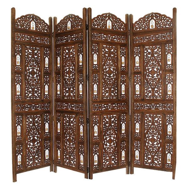 Benzara Handcrafted Wooden 4 Panel Room Divider Screen With Tiny Bells - Reversible - UPT-176787
