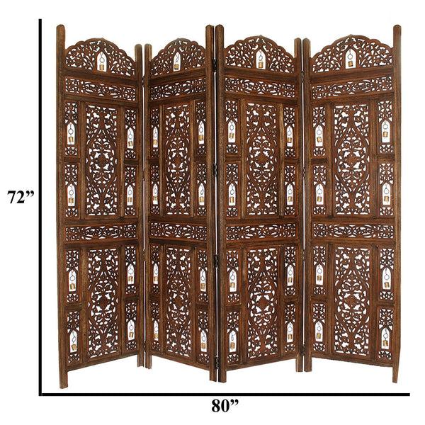 Benzara Handcrafted Wooden 4 Panel Room Divider Screen With Tiny Bells - Reversible - UPT-176787