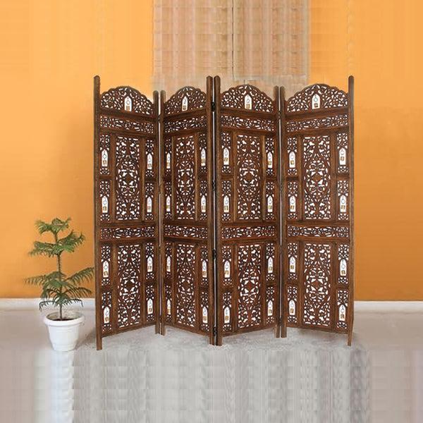 benzara Handcrafted Wooden 4 Panel Room Divider Screen With Tiny Bells - Reversible - UPT-176787