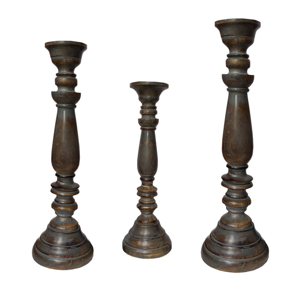 Benzara Handmade Pillar Shape Wooden Candle Holder With Flared Top Brown And Gray Set Of 3 - BM00080