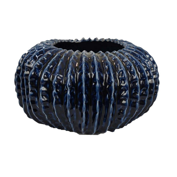 Benzara Harry Round Planter Vase Textured Design Blue Ceramic 13 Inch -BM330150