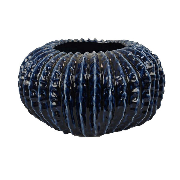 Benzara Harry Round Planter Vase Textured Design Blue Ceramic 13 Inch -BM330150