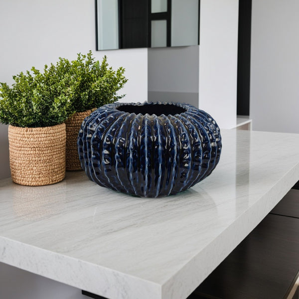 benzara Harry Round Planter Vase Textured Design Blue Ceramic 13 Inch -BM330150