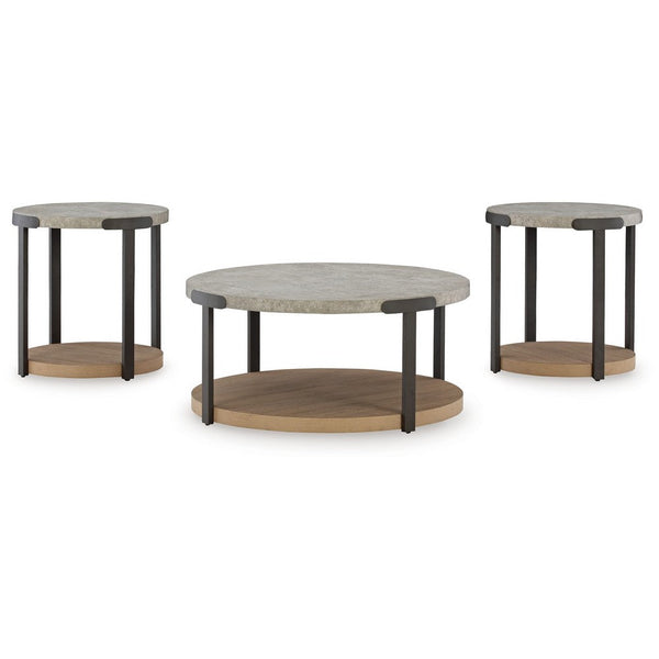 Benzara Hein 3pc Coffee N End Table Set Gray Round Top W Shelf And Wheels -BM327841