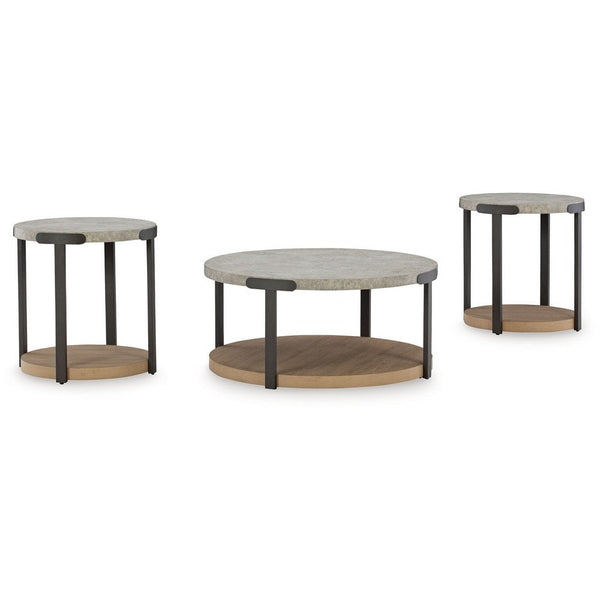 benzara Hein 3pc Coffee n End Table Set Gray Round Top w Shelf and Wheels -BM327841
