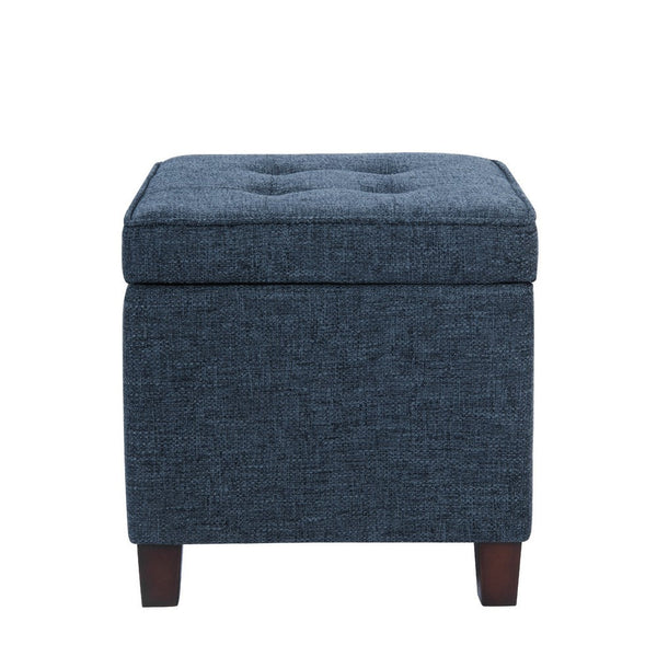 Benzara Hery Storage Ottoman 18 Inch Square Tray Top Navy Blue Woven Fabric -BM334051