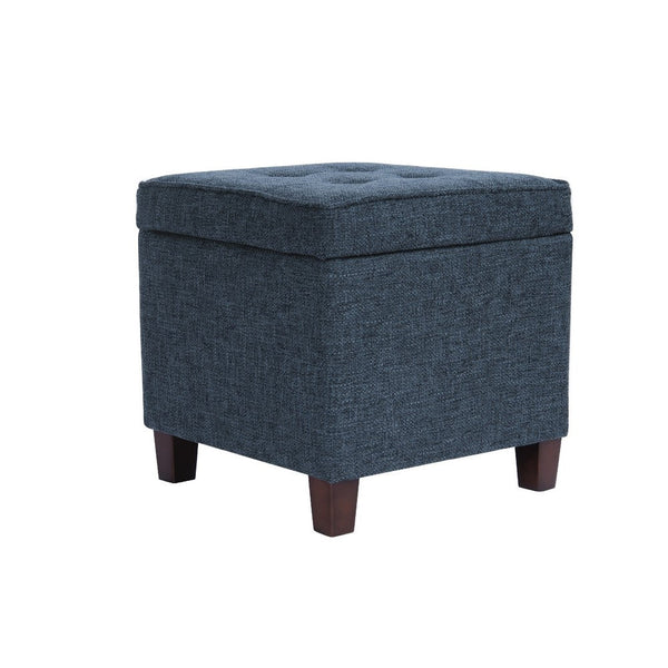 benzara Hery Storage Ottoman 18 Inch Square Tray Top Navy Blue Woven Fabric -BM334051