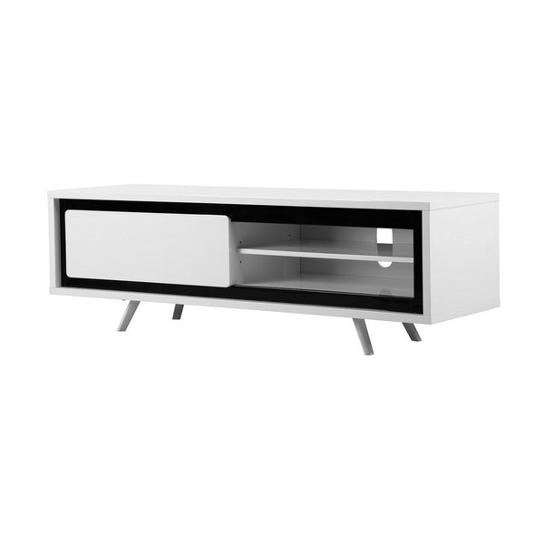 Benzara Hle TV Stand Media Console Low Profile 59 Inch White Black Lacquer -BM330212