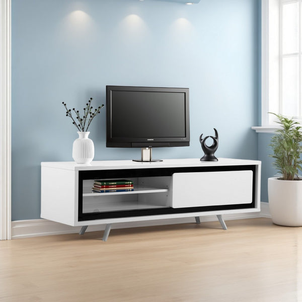 benzara Hle TV Stand Media Console Low Profile 59 Inch White Black Lacquer -BM330212