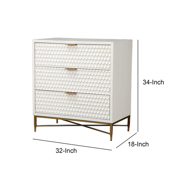 Benzara Honeycomb Design 3 Drawer Chest With Metal Legs Small White - BM206687