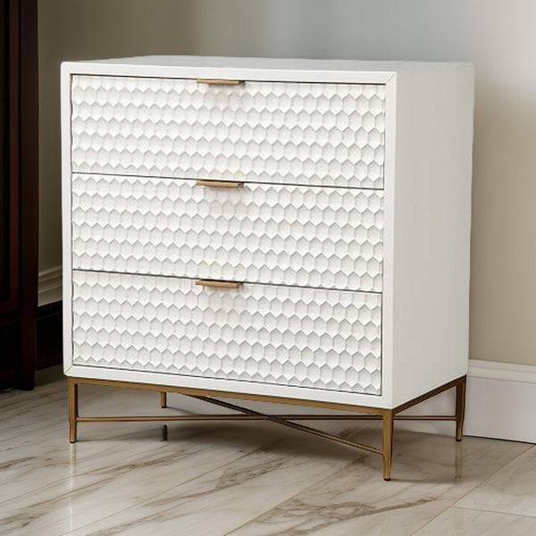 benzara Honeycomb Design 3 Drawer Chest with Metal Legs Small White - BM206687
