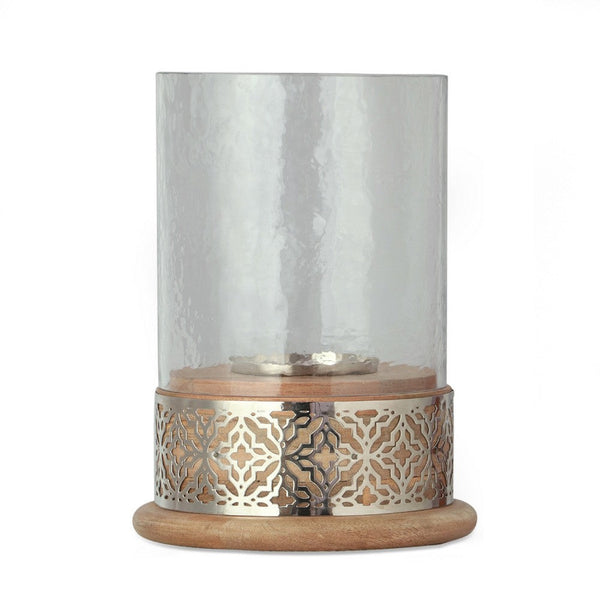 Benzara Hurricane Candleholder W Glass Cover Nickel Lattice Base Brown Wood -BM335121