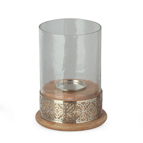 benzara Hurricane Candleholder w Glass Cover Nickel Lattice Base Brown Wood -BM335121