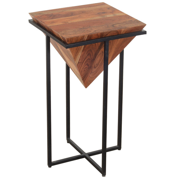 Benzara Ida 26 Inch Pyramid Shape Acacia Wood Side Table With Cross Iron Base Brown And Black - UPT-199996
