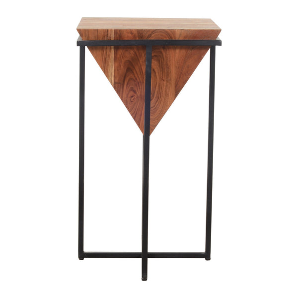 Benzara Ida 26 Inch Pyramid Shape Acacia Wood Side Table With Cross Iron Base Brown And Black - UPT-199996
