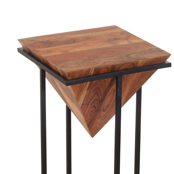 Benzara Ida 26 Inch Pyramid Shape Acacia Wood Side Table With Cross Iron Base Brown And Black - UPT-199996