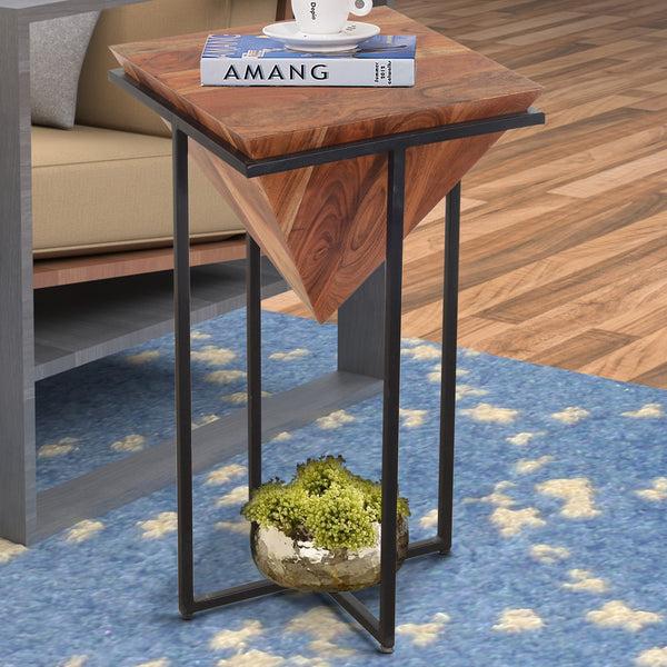 benzara Ida 26 Inch Pyramid Shape Acacia Wood Side Table With Cross Iron Base Brown and Black - UPT-199996