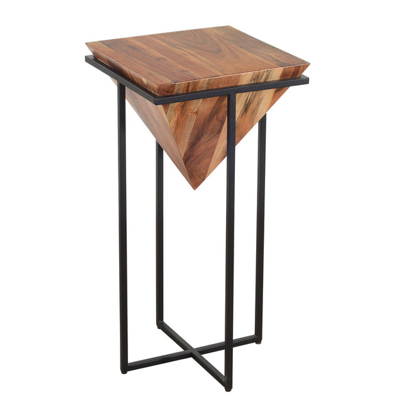 Benzara Ida 30 Inch Pyramid Shape Acacia Wood Side Table With Cross Iron Base Brown And Black - UPT-197870