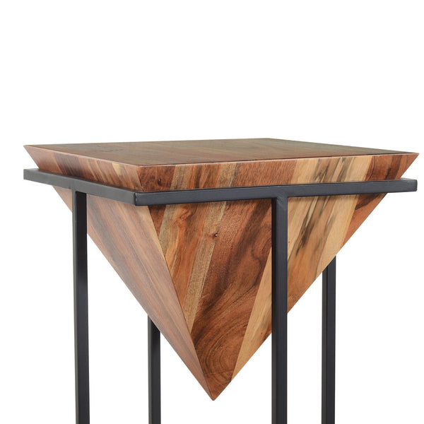 Benzara Ida 30 Inch Pyramid Shape Acacia Wood Side Table With Cross Iron Base Brown And Black - UPT-197870