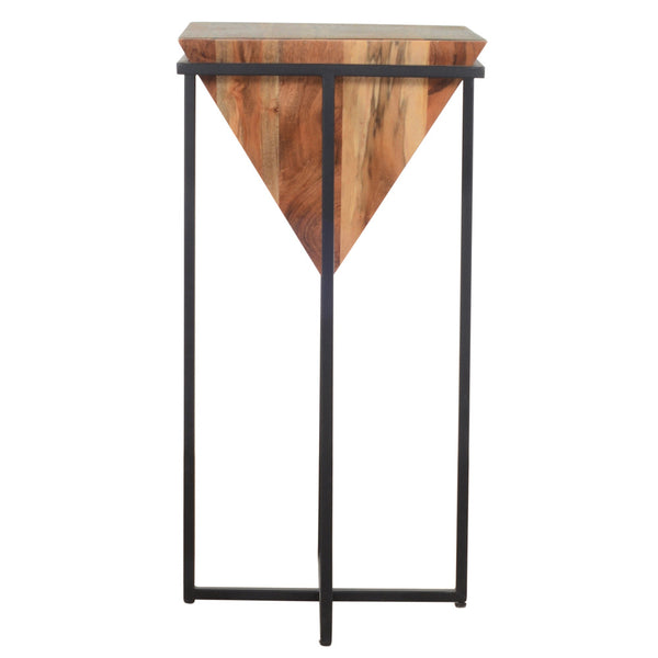 Benzara Ida 30 Inch Pyramid Shape Acacia Wood Side Table With Cross Iron Base Brown And Black - UPT-197870