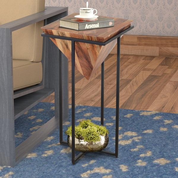 benzara Ida 30 Inch Pyramid Shape Acacia Wood Side Table With Cross Iron Base Brown and Black - UPT-197870