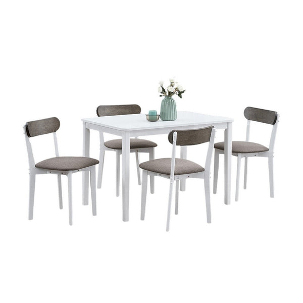 benzara Ideli 5 Piece Dining Table Set with 4 Chairs Brown Linen White Wood -BM333084