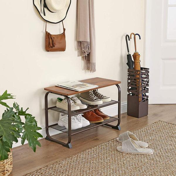 Benzara Industrial 3 Tier Wood Top Shoe Rack With Metal Base Black And Brown - BM197487