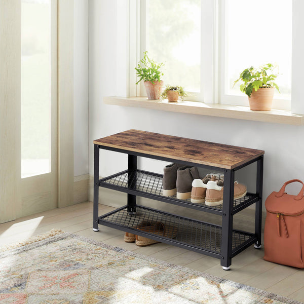 Benzara Industrial 3 Tier Wood Top Shoe Rack With Metal Base Black And Brown - BM197487