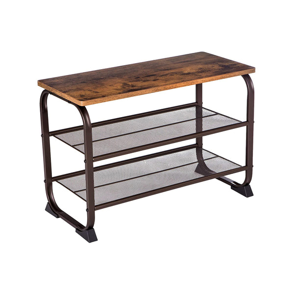 Benzara Industrial 3 Tier Wood Top Shoe Rack With Metal Base Black And Brown - BM197487