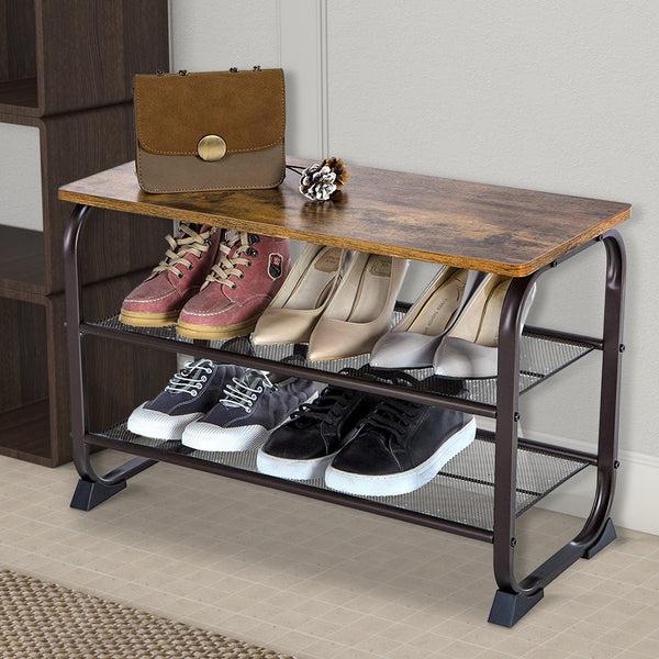 benzara Industrial 3 Tier Wood Top Shoe Rack with Metal Base Black and Brown - BM197487
