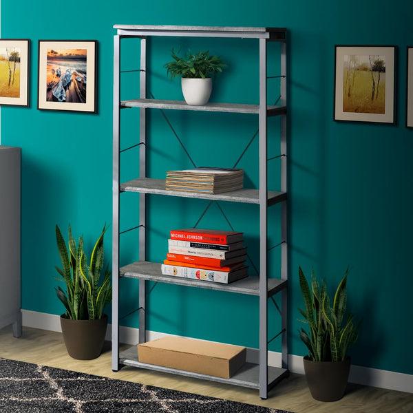 benzara Industrial Bookshelf with 4 Shelves and Open Metal Frame in Silver and Gray - BM209626