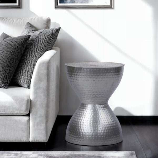 Benzara Industrial Style Hammered Texture Iron Stool With Hourglass Shaped Body Silver - BM00602