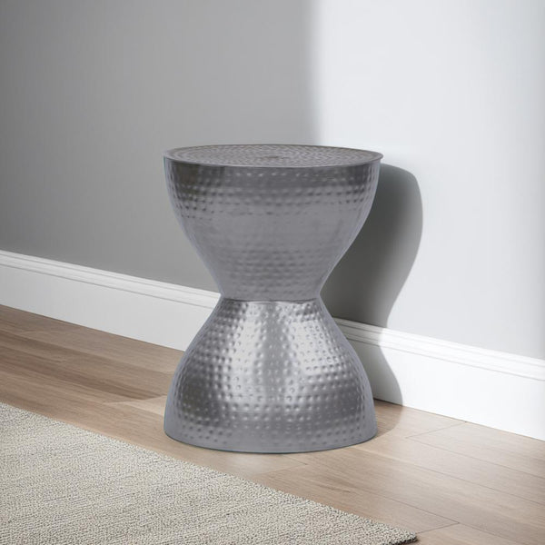 Benzara Industrial Style Hammered Texture Iron Stool With Hourglass Shaped Body Silver - BM00602