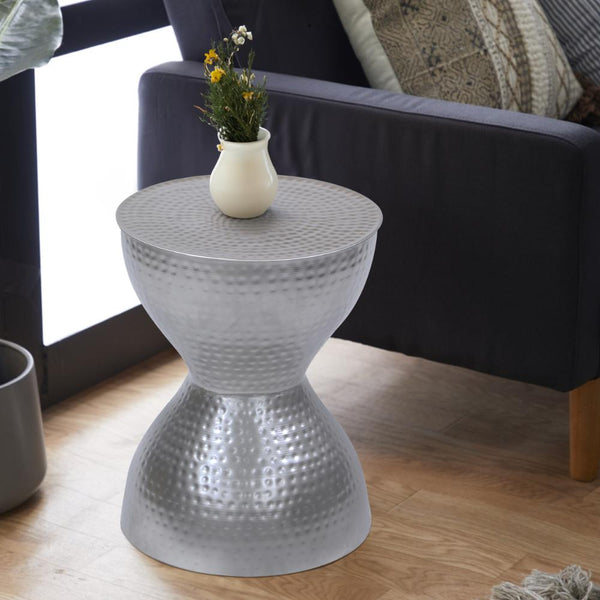 benzara Industrial Style Hammered Texture Iron Stool with Hourglass Shaped Body Silver - BM00602