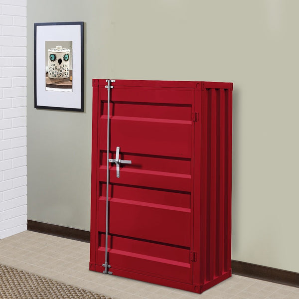 benzara Industrial Style Metal Base Single Door Chest with Slated Pattern Red - BM207430