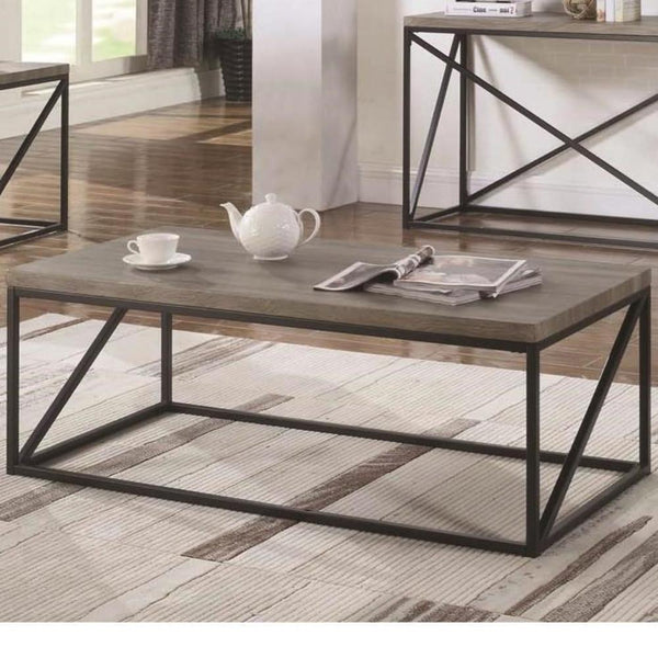benzara Industrial Style Minimal Coffee Table With Wooden Top And Metallic Base Gray