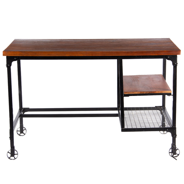 Benzara Industrial Style Wooden Desk With Two Bottom Shelves Brown And Black - BM123677
