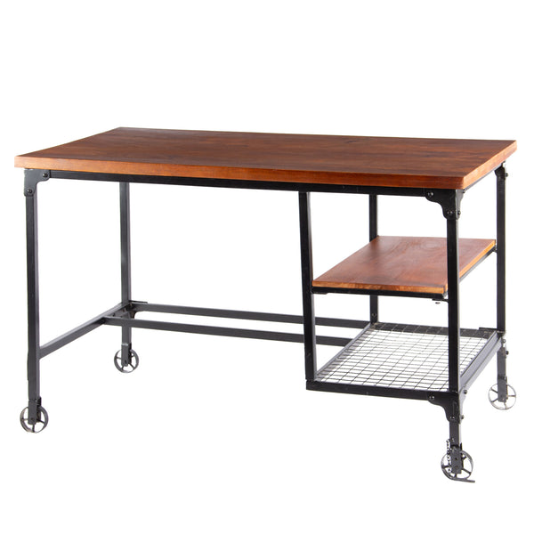 Benzara Industrial Style Wooden Desk With Two Bottom Shelves Brown And Black - BM123677