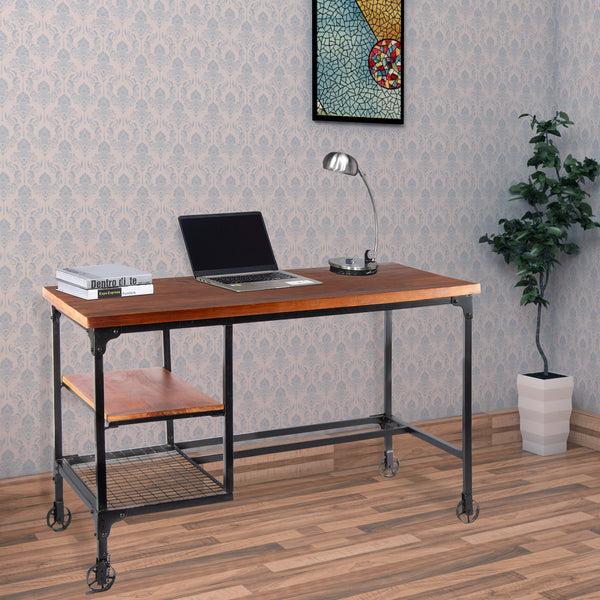 benzara Industrial Style Wooden Desk With Two Bottom Shelves Brown And Black - BM123677