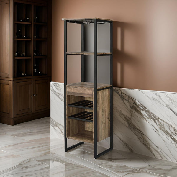 benzara Industrial Wood and Metal Wine Rack with 3 Compartments in Brown and Black - BM211138