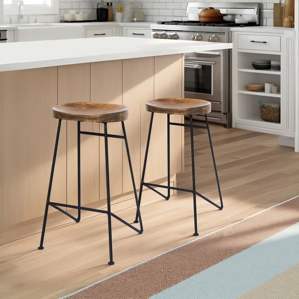 Benzara Jael 28 Inch Bar Stool With Mango Wood Saddle Seat Iron Rod Legs Brown And Black - UPT-183797