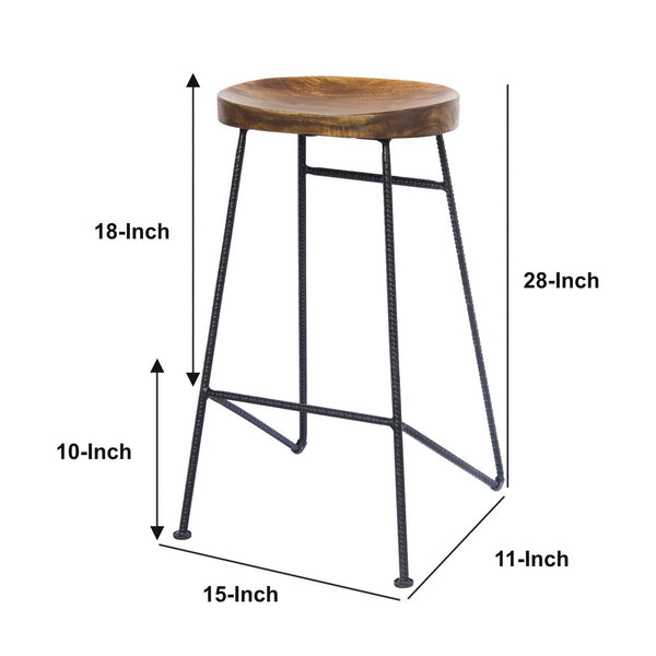 Benzara Jael 28 Inch Bar Stool With Mango Wood Saddle Seat Iron Rod Legs Brown And Black - UPT-183797