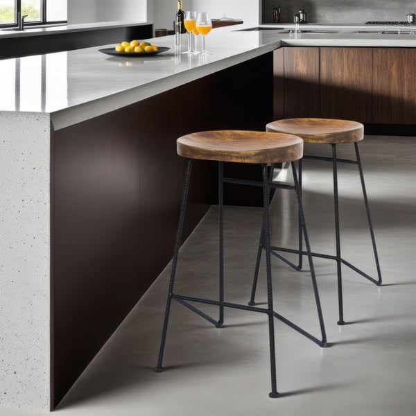 benzara Jael 28 Inch Bar Stool with Mango Wood Saddle Seat Iron Rod Legs Brown and Black - UPT-183797