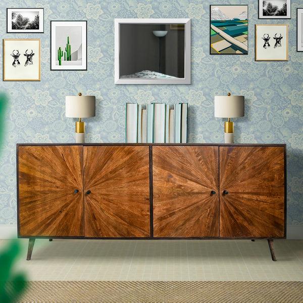 benzara Jag 65 Inch Mango Wood Sideboard Buffet Cabinet Console 2 Door Sunburst Warm Brown - UPT-231465