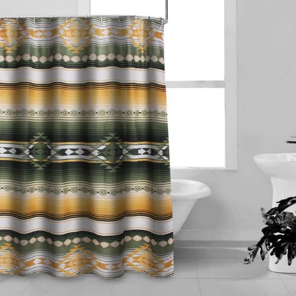benzara Jashua 72 Inch Shower Curtain Southwest Style Yellow Stripes Button Holes - BM293487